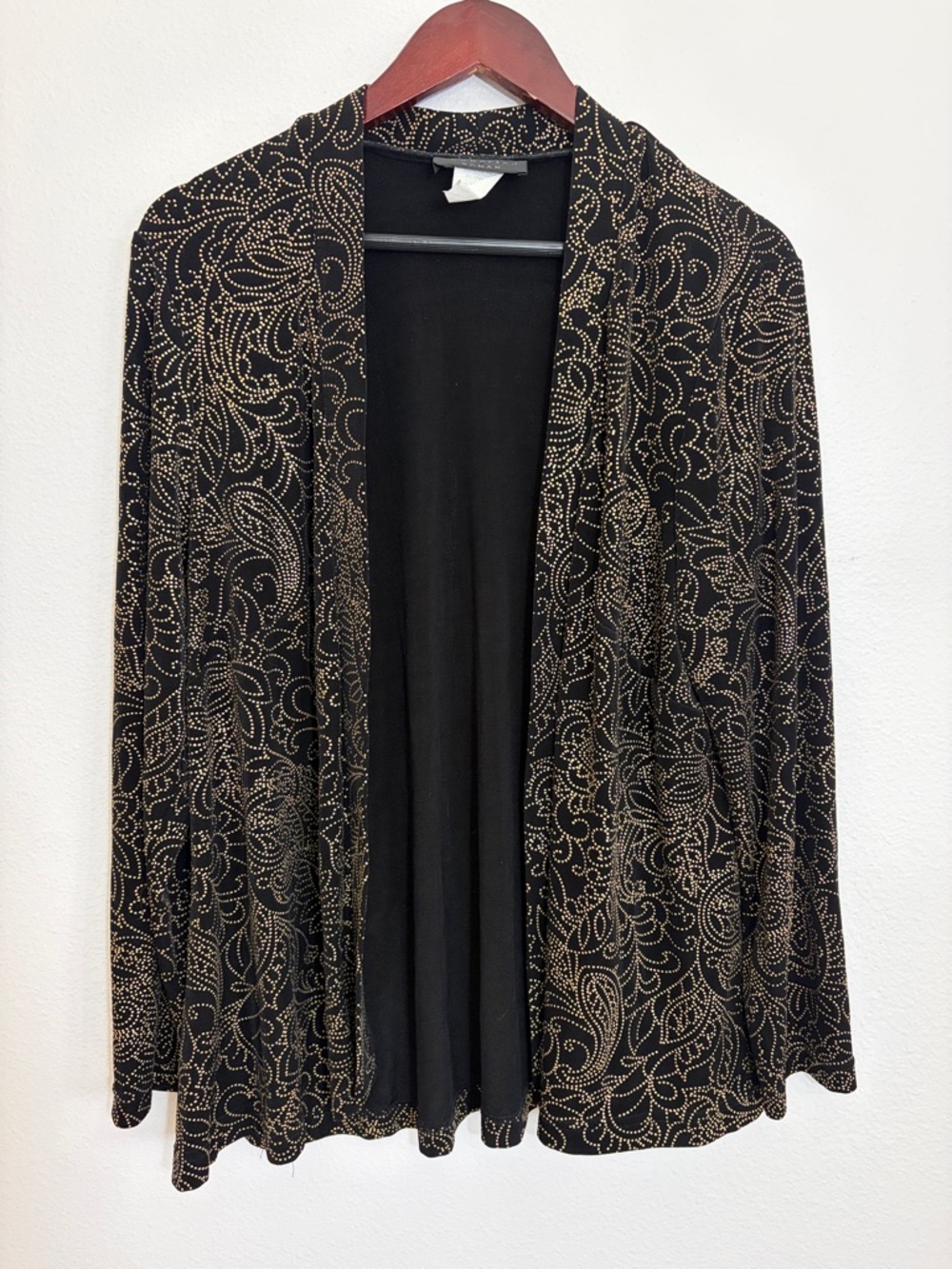 Connected Woman Black Open Front Cardigan with Gold Metallic Dots